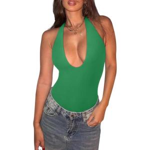 imageREORIA Bodysuits for Women Halter Tops 2025 Summer V Neck Backless Body Suits Tank Top Trendy Fashion ClothingGlass Green