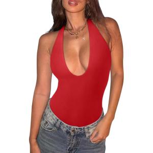 imageREORIA Bodysuits for Women Halter Tops 2025 Summer V Neck Backless Body Suits Tank Top Trendy Fashion ClothingRed