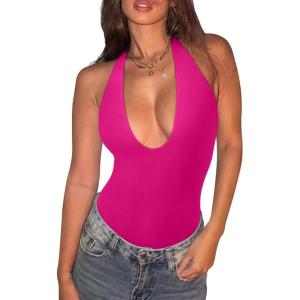 imageREORIA Bodysuits for Women Halter Tops 2025 Summer V Neck Backless Body Suits Tank Top Trendy Fashion ClothingRose