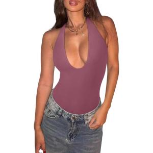 imageREORIA Bodysuits for Women Halter Tops 2025 Summer V Neck Backless Body Suits Tank Top Trendy Fashion ClothingRust Red