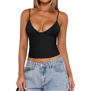 imageREORIA Butsmooth Womens Sexy VNeck Sleeveless Double Lined Going Out Y2K Trendy Cami Shirt Cropped Tank TopsBlack