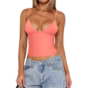 imageREORIA Butsmooth Womens Sexy VNeck Sleeveless Double Lined Going Out Y2K Trendy Cami Shirt Cropped Tank TopsBright Orange