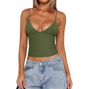 imageREORIA Butsmooth Womens Sexy VNeck Sleeveless Double Lined Going Out Y2K Trendy Cami Shirt Cropped Tank TopsDark Green