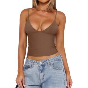 imageREORIA Butsmooth Womens Sexy VNeck Sleeveless Double Lined Going Out Y2K Trendy Cami Shirt Cropped Tank TopsGrey Green