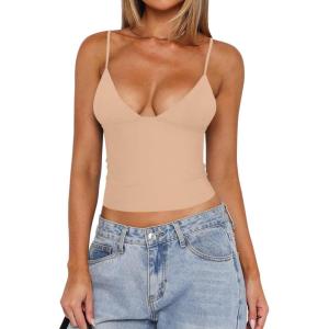 imageREORIA Butsmooth Womens Sexy VNeck Sleeveless Double Lined Going Out Y2K Trendy Cami Shirt Cropped Tank TopsNude