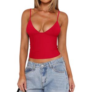 imageREORIA Butsmooth Womens Sexy VNeck Sleeveless Double Lined Going Out Y2K Trendy Cami Shirt Cropped Tank TopsRed
