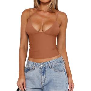 imageREORIA Butsmooth Womens Sexy VNeck Sleeveless Double Lined Going Out Y2K Trendy Cami Shirt Cropped Tank TopsTopaz