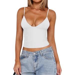 imageREORIA Butsmooth Womens Sexy VNeck Sleeveless Double Lined Going Out Y2K Trendy Cami Shirt Cropped Tank TopsWhite