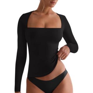 imageREORIA Fall Sexy Basic Square Neck Tops for Women Long Sleeve Double Lined Full Length Fitted T Shirts TopsBlack