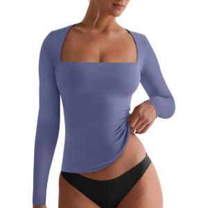imageREORIA Fall Sexy Basic Square Neck Tops for Women Long Sleeve Double Lined Full Length Fitted T Shirts TopsBlue Nova