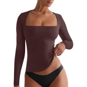 imageREORIA Fall Sexy Basic Square Neck Tops for Women Long Sleeve Double Lined Full Length Fitted T Shirts TopsCocoa