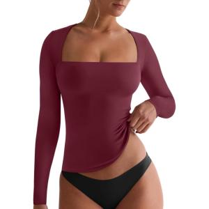 imageREORIA Fall Sexy Basic Square Neck Tops for Women Long Sleeve Double Lined Full Length Fitted T Shirts TopsDark Red