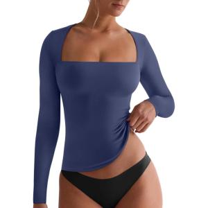 imageREORIA Fall Sexy Basic Square Neck Tops for Women Long Sleeve Double Lined Full Length Fitted T Shirts TopsStarry Blue