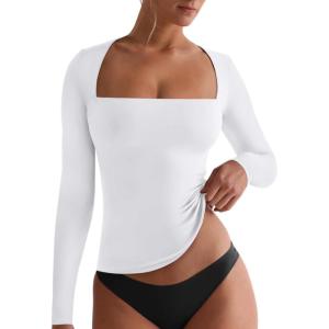 imageREORIA Fall Sexy Basic Square Neck Tops for Women Long Sleeve Double Lined Full Length Fitted T Shirts TopsWhite