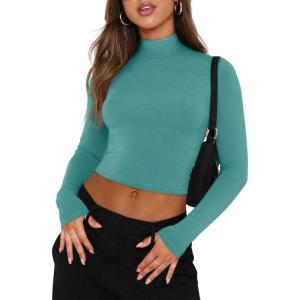 imageREORIA Womens Basic Cute Mock Turtleneck Long Sleeve Ribbed Tight Tshirts Crop TopsAqua Green