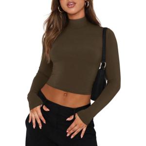 imageREORIA Womens Basic Cute Mock Turtleneck Long Sleeve Ribbed Tight Tshirts Crop TopsCoffee