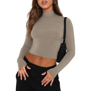 imageREORIA Womens Basic Cute Mock Turtleneck Long Sleeve Ribbed Tight Tshirts Crop TopsGrey Brown