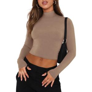 imageREORIA Womens Basic Cute Mock Turtleneck Long Sleeve Ribbed Tight Tshirts Crop TopsKhaki