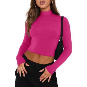 imageREORIA Womens Basic Cute Mock Turtleneck Long Sleeve Ribbed Tight Tshirts Crop TopsNeon Rose Red