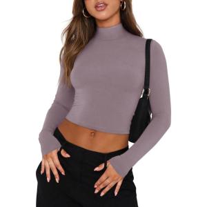 imageREORIA Womens Basic Cute Mock Turtleneck Long Sleeve Ribbed Tight Tshirts Crop TopsTaro