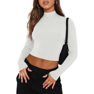 imageREORIA Womens Basic Cute Mock Turtleneck Long Sleeve Ribbed Tight Tshirts Crop TopsWhite