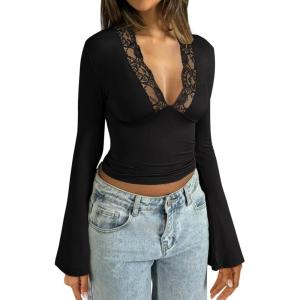 imageREORIA Womens Lace V Neck Bell Sleeve Sexy Going Out Double Lined Trendy Y2K Crop TopsBlack