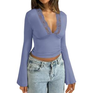 imageREORIA Womens Lace V Neck Bell Sleeve Sexy Going Out Double Lined Trendy Y2K Crop TopsBlue