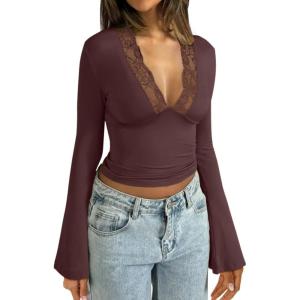 imageREORIA Womens Lace V Neck Bell Sleeve Sexy Going Out Double Lined Trendy Y2K Crop TopsCoffee