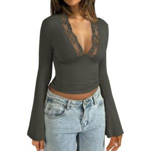 imageREORIA Womens Lace V Neck Bell Sleeve Sexy Going Out Double Lined Trendy Y2K Crop TopsGrey Green
