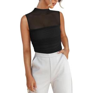 imageREORIA Womens Sheer Mesh Sexy Bodysuits Mock Neck Sleeveless Shirts Ruched Trendy Going Out Bodysuits Tops 2025Black