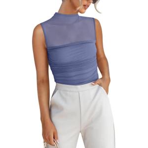 imageREORIA Womens Sheer Mesh Sexy Bodysuits Mock Neck Sleeveless Shirts Ruched Trendy Going Out Bodysuits Tops 2025Blue Nova