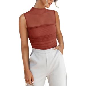 imageREORIA Womens Sheer Mesh Sexy Bodysuits Mock Neck Sleeveless Shirts Ruched Trendy Going Out Bodysuits Tops 2025Brick Red