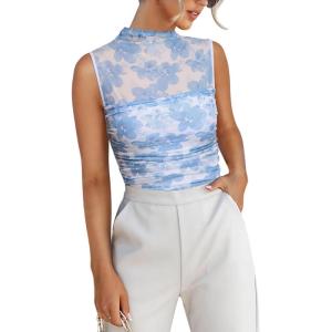 imageREORIA Womens Sheer Mesh Sexy Bodysuits Mock Neck Sleeveless Shirts Ruched Trendy Going Out Bodysuits Tops 2025Floral Blue