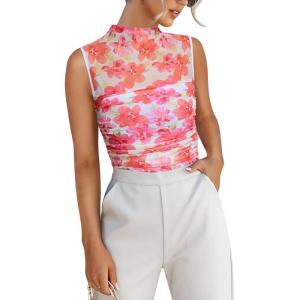 imageREORIA Womens Sheer Mesh Sexy Bodysuits Mock Neck Sleeveless Shirts Ruched Trendy Going Out Bodysuits Tops 2025Floral Peach