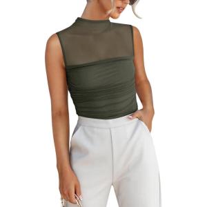 imageREORIA Womens Sheer Mesh Sexy Bodysuits Mock Neck Sleeveless Shirts Ruched Trendy Going Out Bodysuits Tops 2025Grey Green
