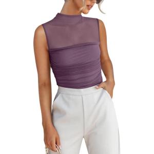 imageREORIA Womens Sheer Mesh Sexy Bodysuits Mock Neck Sleeveless Shirts Ruched Trendy Going Out Bodysuits Tops 2025Purple