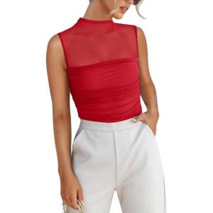 imageREORIA Womens Sheer Mesh Sexy Bodysuits Mock Neck Sleeveless Shirts Ruched Trendy Going Out Bodysuits Tops 2025Red