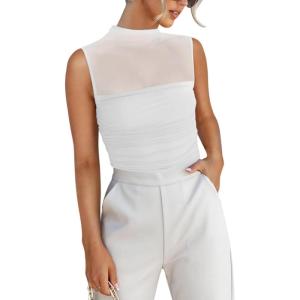 imageREORIA Womens Sheer Mesh Sexy Bodysuits Mock Neck Sleeveless Shirts Ruched Trendy Going Out Bodysuits Tops 2025White