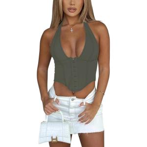 imageREORIA Womens Summer Sexy Halter V Neck Sleeveless Backless Trendy Y2k Going Out Corset Tank Crop TopsGrey Green