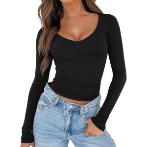 imageREORIA Womens V Neck Long Sleeve Slim Fitted Soft Layering Basic Shirt 2025 Fall Going Out TopsBlack