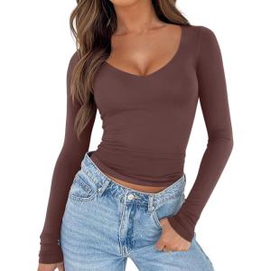imageREORIA Womens V Neck Long Sleeve Slim Fitted Soft Layering Basic Shirt 2025 Fall Going Out TopsCoffee