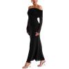 imageREORIA Women Off Shoulder Long Sleeve Dress Elegant Sexy Stretch Mesh Double Lined Slim Trendy Long DressesBlack