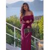 imageREORIA Women Off Shoulder Long Sleeve Dress Elegant Sexy Stretch Mesh Double Lined Slim Trendy Long DressesBurgundy
