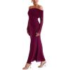 imageREORIA Women Off Shoulder Long Sleeve Dress Elegant Sexy Stretch Mesh Double Lined Slim Trendy Long DressesBurgundy