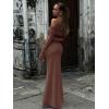 imageREORIA Women Off Shoulder Long Sleeve Dress Elegant Sexy Stretch Mesh Double Lined Slim Trendy Long DressesCoffee