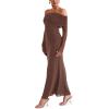 imageREORIA Women Off Shoulder Long Sleeve Dress Elegant Sexy Stretch Mesh Double Lined Slim Trendy Long DressesCoffee