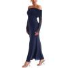 imageREORIA Women Off Shoulder Long Sleeve Dress Elegant Sexy Stretch Mesh Double Lined Slim Trendy Long DressesDeep Blue