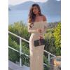 imageREORIA Women Off Shoulder Long Sleeve Dress Elegant Sexy Stretch Mesh Double Lined Slim Trendy Long DressesKhaki