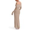 imageREORIA Women Off Shoulder Long Sleeve Dress Elegant Sexy Stretch Mesh Double Lined Slim Trendy Long DressesKhaki