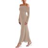imageREORIA Women Off Shoulder Long Sleeve Dress Elegant Sexy Stretch Mesh Double Lined Slim Trendy Long DressesKhaki